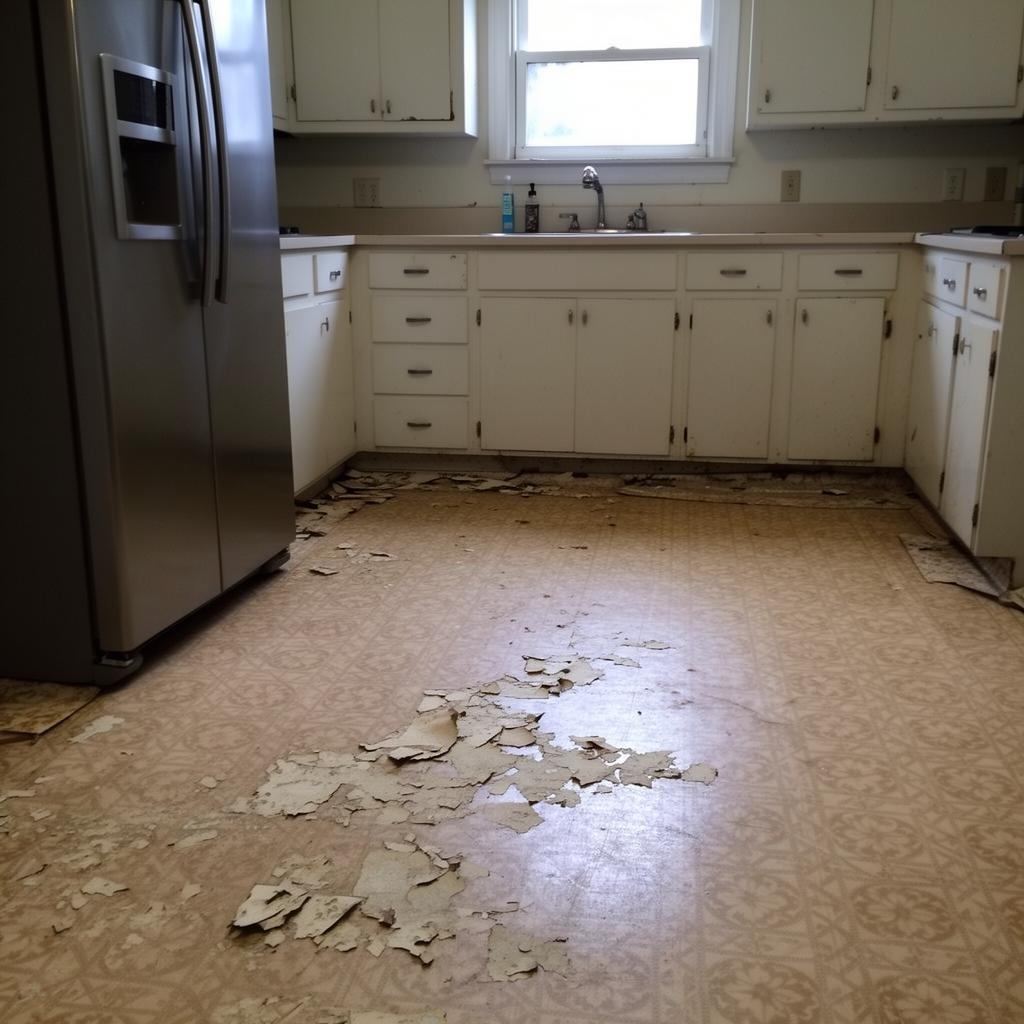 Before — Peeling vinyl to waterproof LVP